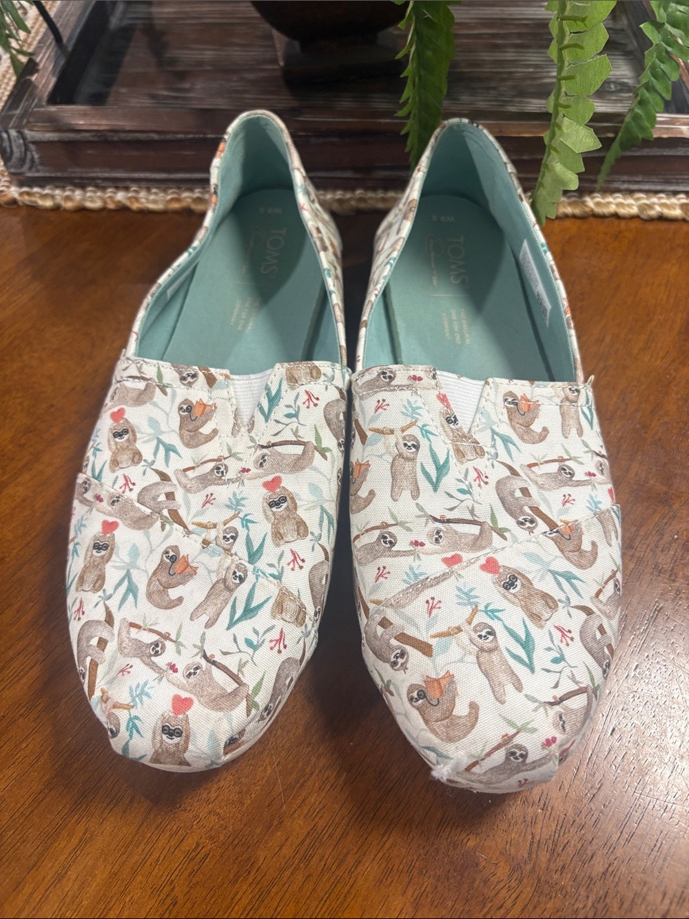 Toms Slip-On Flats in Cream with Teal Insole and Sloth Print